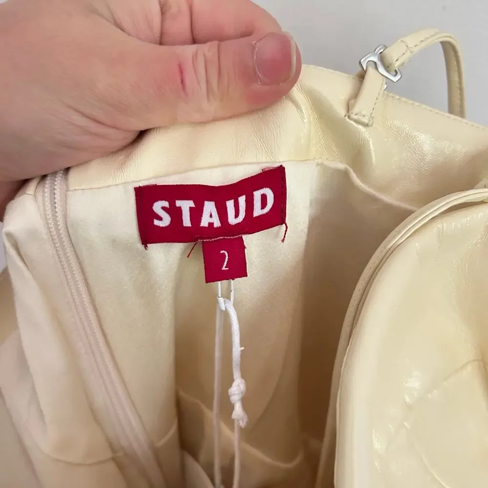 NEW Staud Faux Leather Abstract Fit Flare Midi Dress Cream Size 2 - Picture 7 of 8